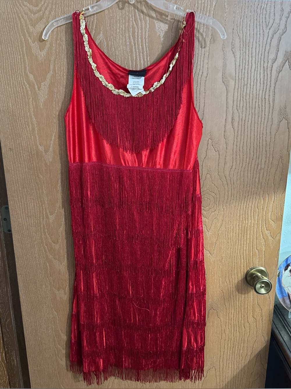 Living Fiction Red Fringe Flapper Roaring 20s Costume Dress w/ Gold Sequins Sz M